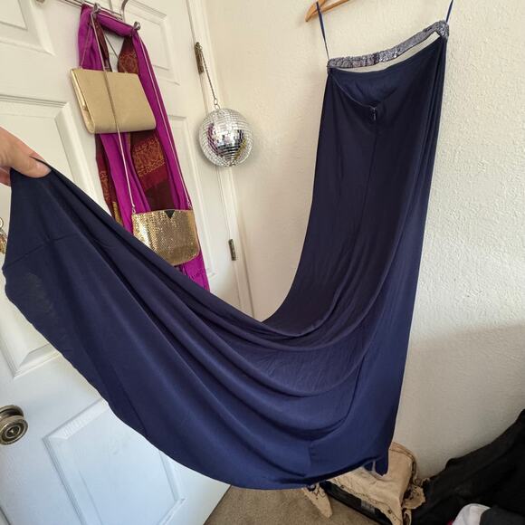 Vintage 1970s Midnight Blue Qiana Jersey Sequin Strapless Dancing Queen Gown - Picture 3 of 12